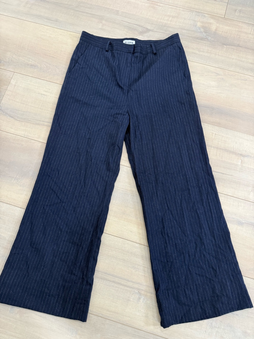 Musier Paris Navy Blue Pinstripe Wide-Leg Trousers